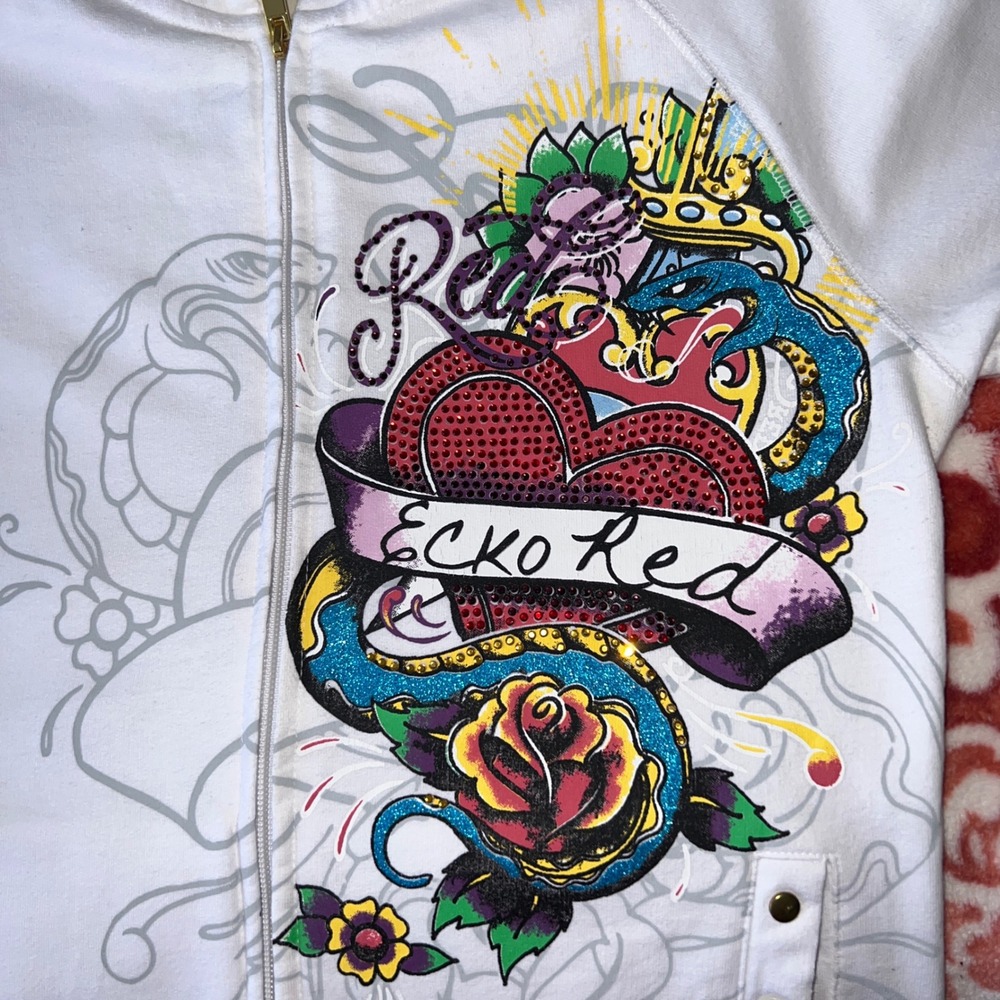 VTG Ecko Red Womens White Tattoo Graphic Zip Up Hoodie Rhinestone Heart Y2K M - Picture 12 of 12
